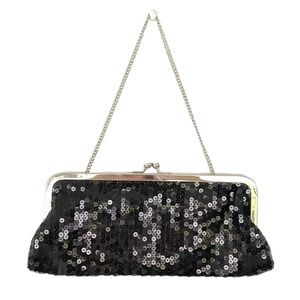 Ann Taylor LOFT black silver sequin sparkle formal chain strap clutch bag
